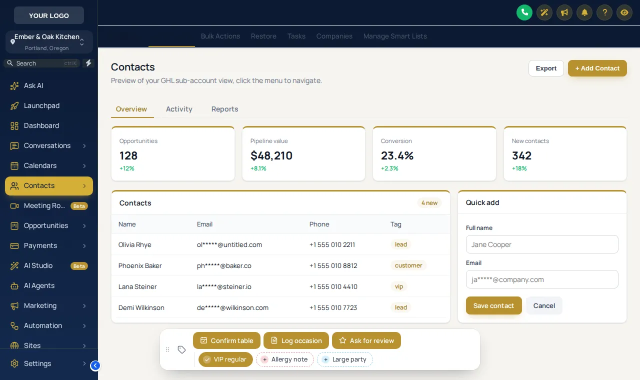 GoHighLevel contact page with a contact actions bar: Confirm table, Log occasion and Ask for review buttons plus VIP regular, Allergy note and Large party quick tags