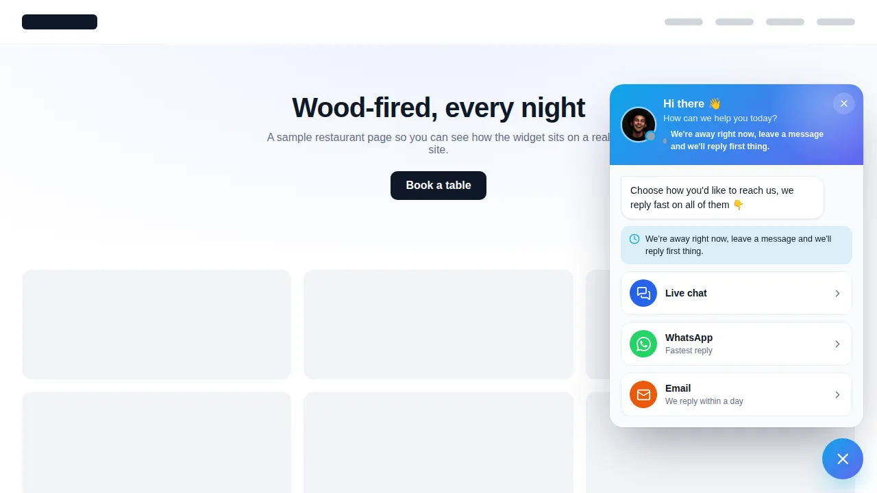 Business hours chat hub widget open on a website with opening hours and contact options