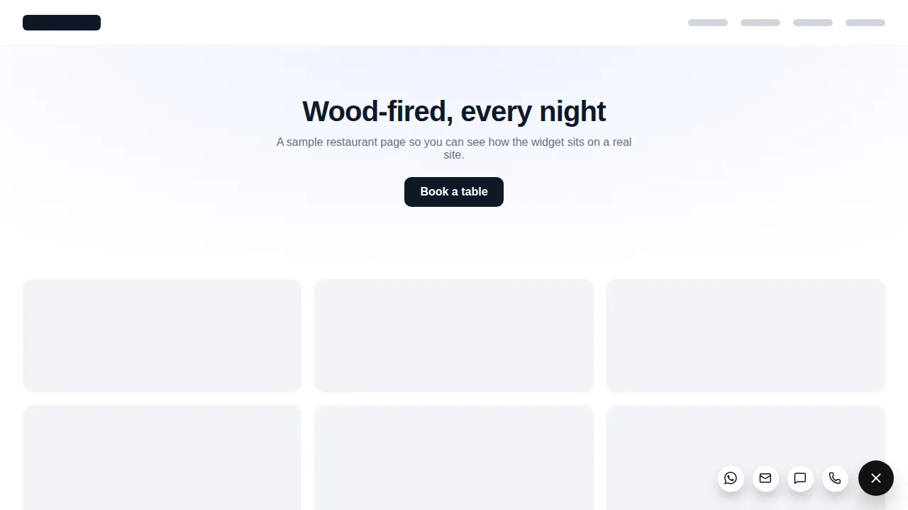 Minimal contact row floating widget opened in the corner of a website with call, text and email buttons in a horizontal row