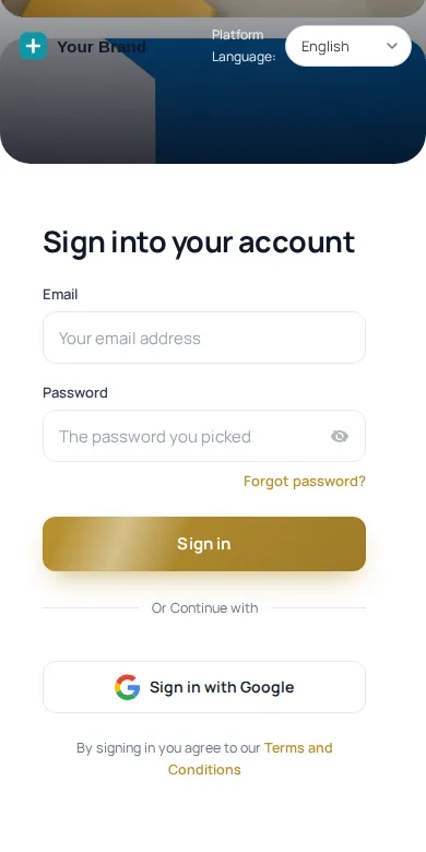 Photo wall login design on a phone-sized screen with the sign-in form stacked under the brand