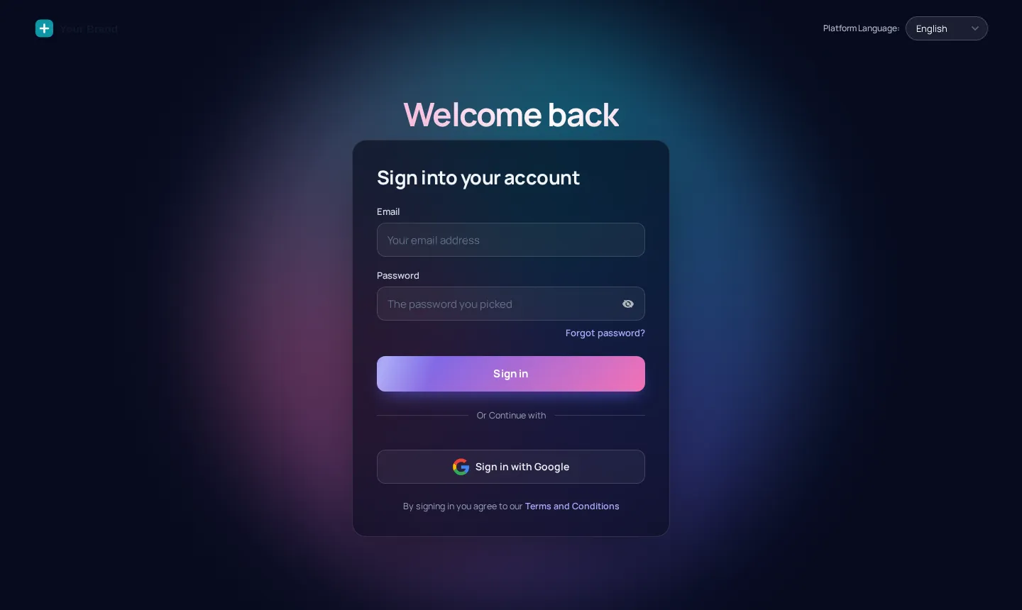 GoHighLevel login page in the Prism ring design: a glowing colour ring behind a dark sign-in card