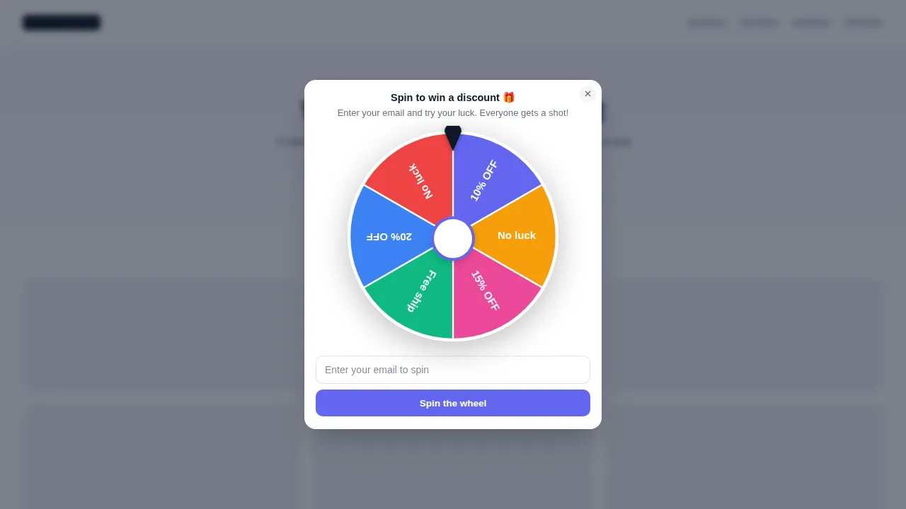 Classic prize wheel lead capture widget on a website with an email field and spin button
