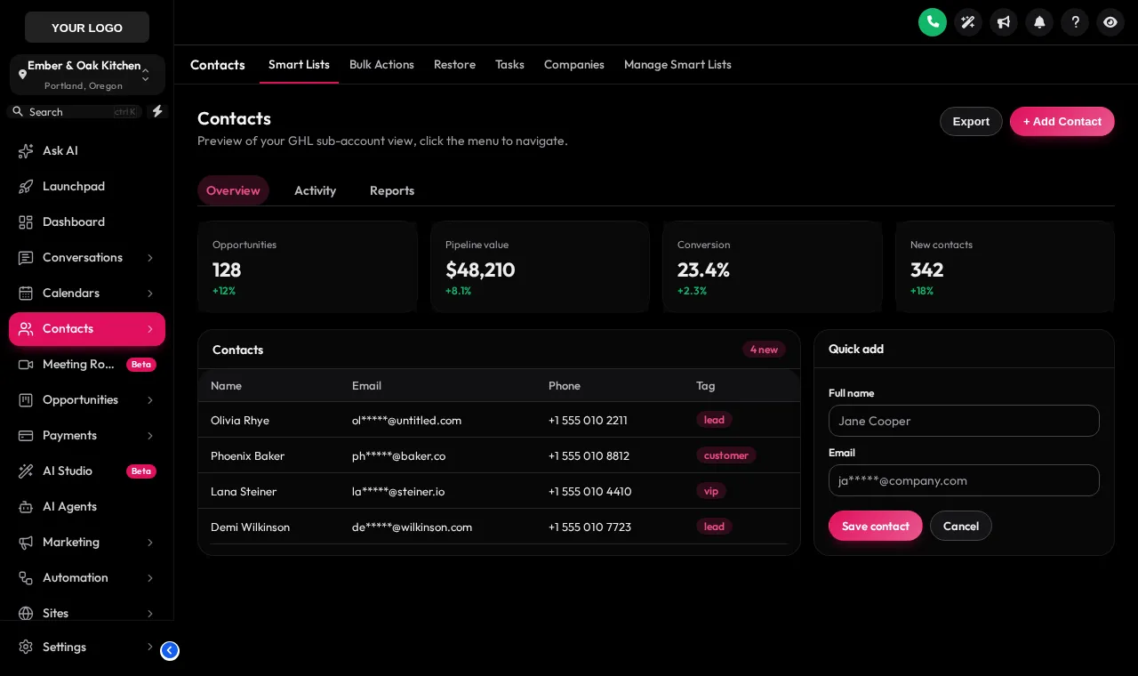 GoHighLevel contacts page restyled with the Obsidian OLED theme and the Glass UI kit: true-black canvas, raspberry accents, sample restaurant Ember & Oak Kitchen in the sidebar