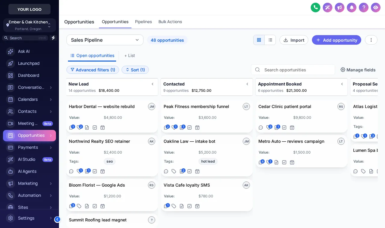 GoHighLevel opportunities board in the Prism Pro theme with frosted Glass UI kit cards