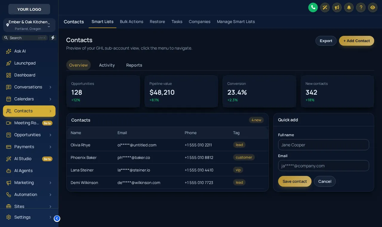 GoHighLevel contacts page in dark mode with the Royal Navy & Gold theme